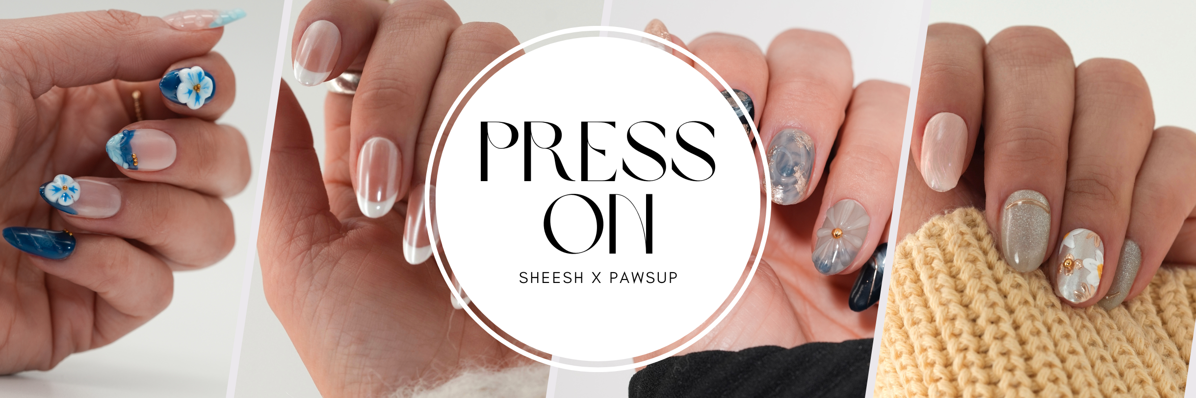 Sheesh Nails x PawsUp Press-on Nails – Collage verschiedener Designs mit blauen, transparenten, grauen und beigen Press-ons. Hochwertige, wiederverwendbare künstliche Fingernägel in modernen Styles mit Blumen, Marmor-Effekt und Glitzer. Professionelles Nageldesign für gepflegte Hände, Trend-Kooperation Sheesh Nails x PawsUp.