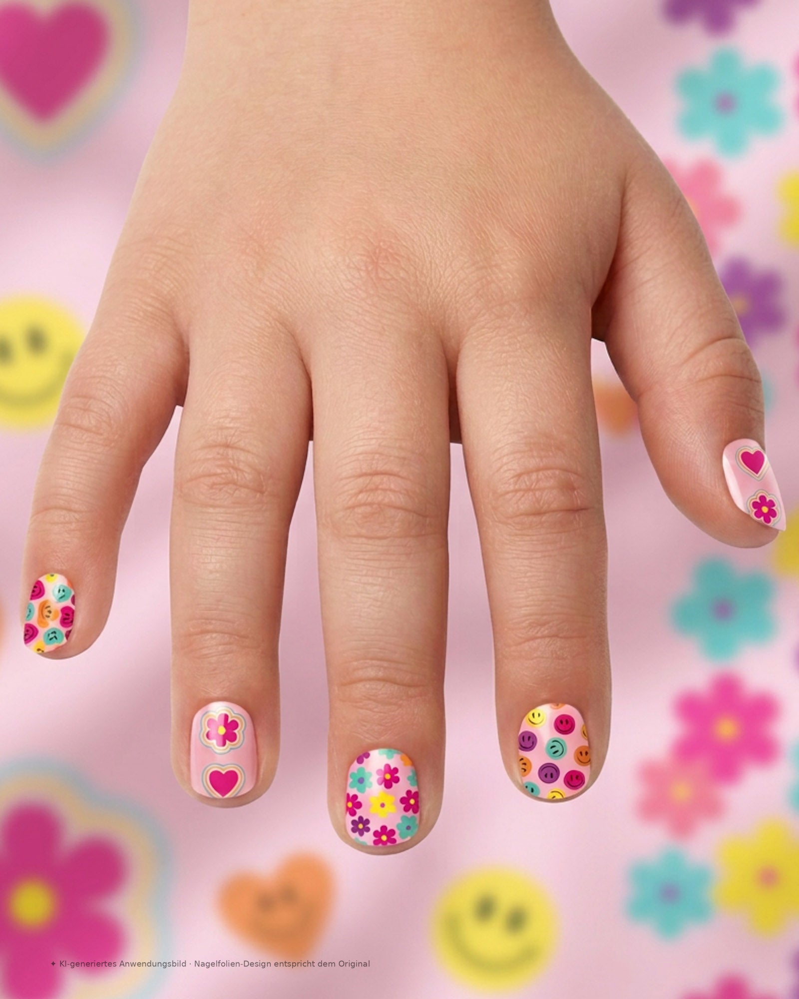 Kinderhand mit SHEESH Nails Kinder-Nagelfolie Big Smile in buntem Smiley-, Blumen- und Herzdesign