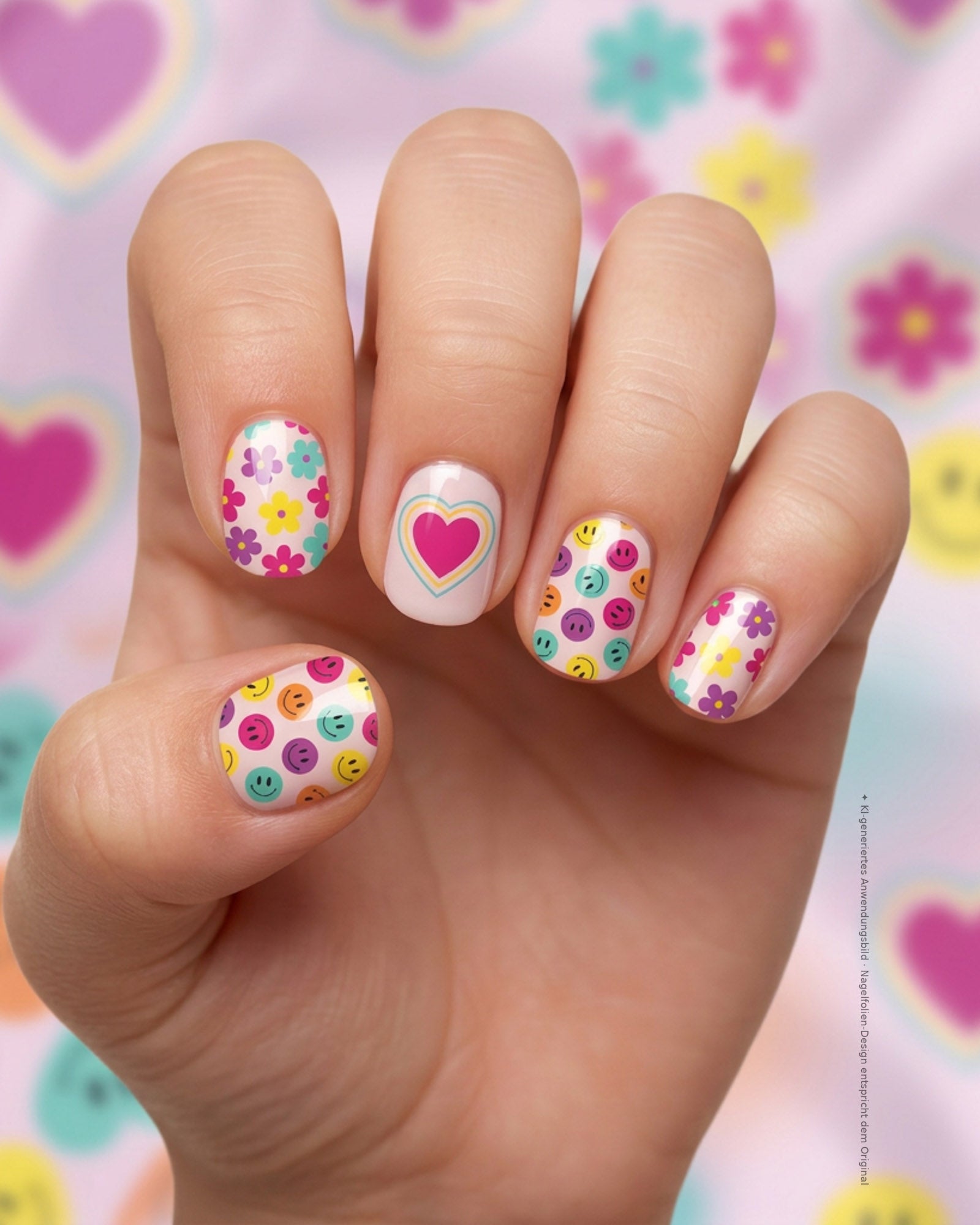 Nahaufnahme einer Kinderhand mit SHEESH Nails Kinder-Nagelfolie Big Smile und farbenfrohen Smileys, Blumen und Herzen