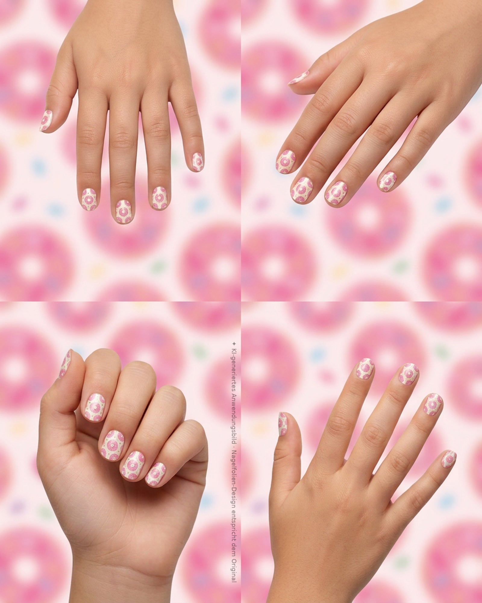 Vier verschiedene Kinderhände mit SHEESH Nails Donut-Nagelfolien vor rosa Donut-Hintergrund
