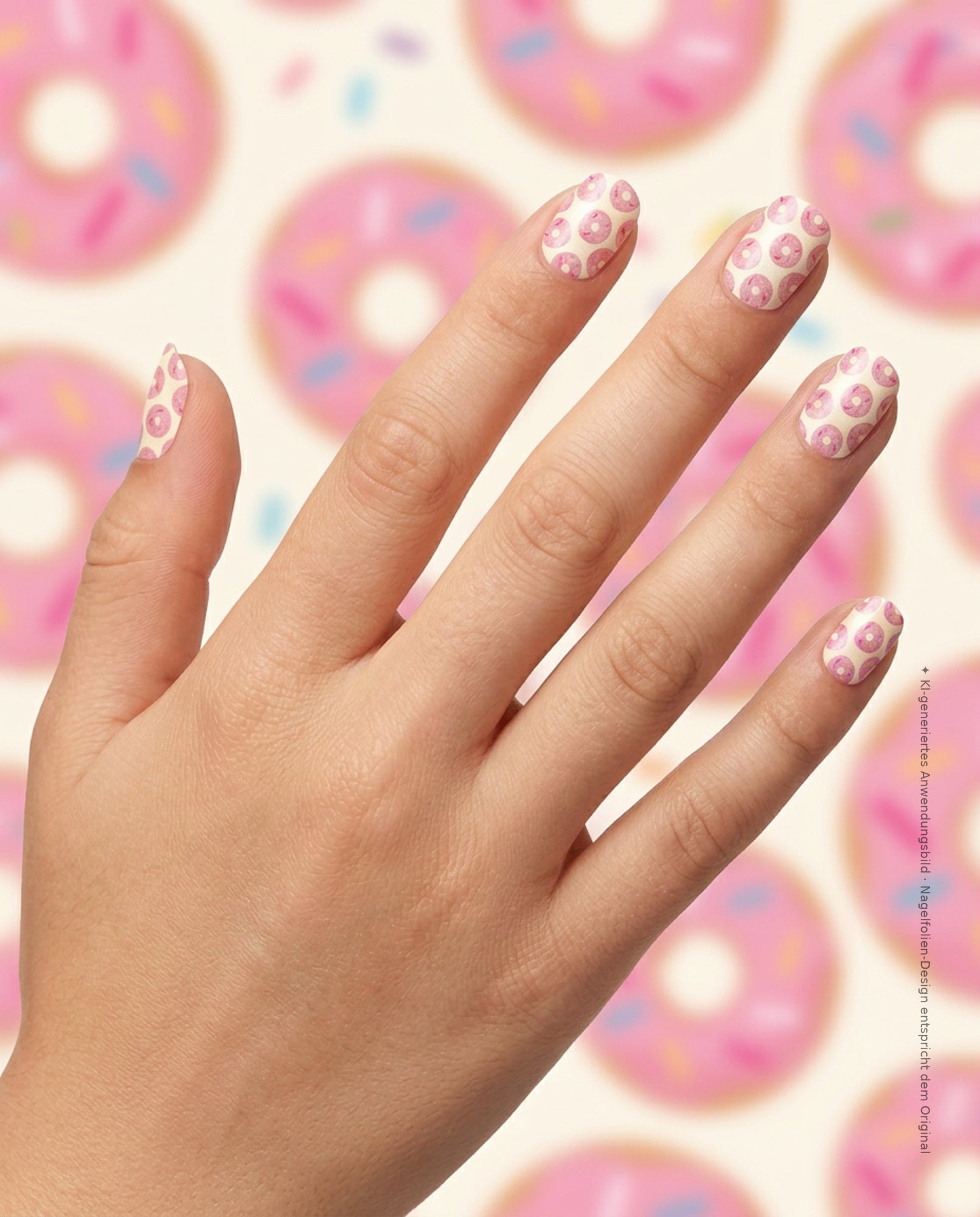 Kinderhand mit SHEESH Nails Kinder-Nagelfolie Donut vor weich verschwommenem rosa Donut-Muster