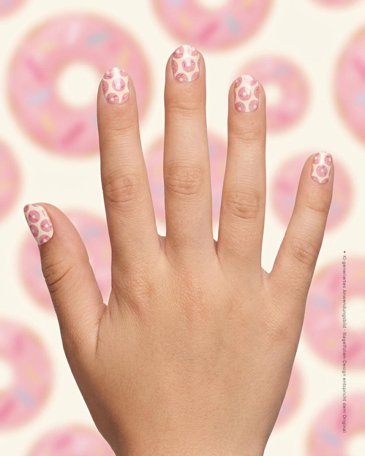 Kinderhand mit SHEESH Nails Kinder-Nagelfolie Donut vor weich verschwommenem rosa Donut-Muster