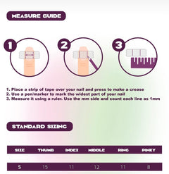 Anleitung zum Messen der Nagelgröße für Sheesh Nails Nagelfolien. Grafische Schritt-für-Schritt-Anleitung mit Tape, Stift und Lineal zur Ermittlung der Nagelbreite in Millimetern. Standardgrößen für Daumen, Zeige-, Mittel-, Ring- und kleinen Finger angegeben – perfekte Passform für Nagelfolien und Press-on Nails.