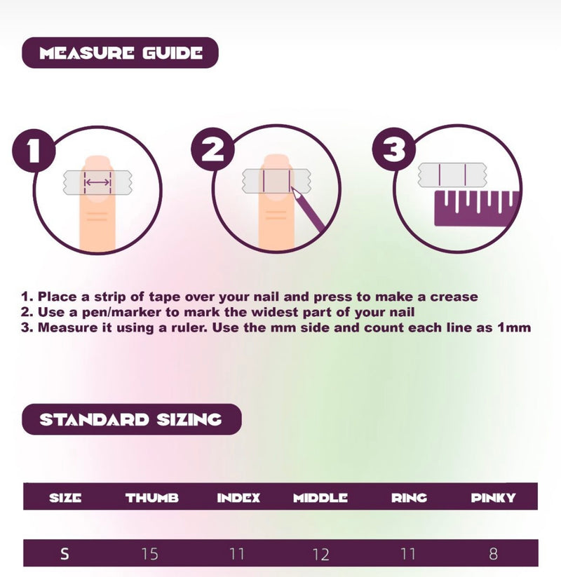 Anleitung zum Messen der Nagelgröße für Sheesh Nails Nagelfolien. Grafische Schritt-für-Schritt-Anleitung mit Tape, Stift und Lineal zur Ermittlung der Nagelbreite in Millimetern. Standardgrößen für Daumen, Zeige-, Mittel-, Ring- und kleinen Finger angegeben – perfekte Passform für Nagelfolien und Press-on Nails.