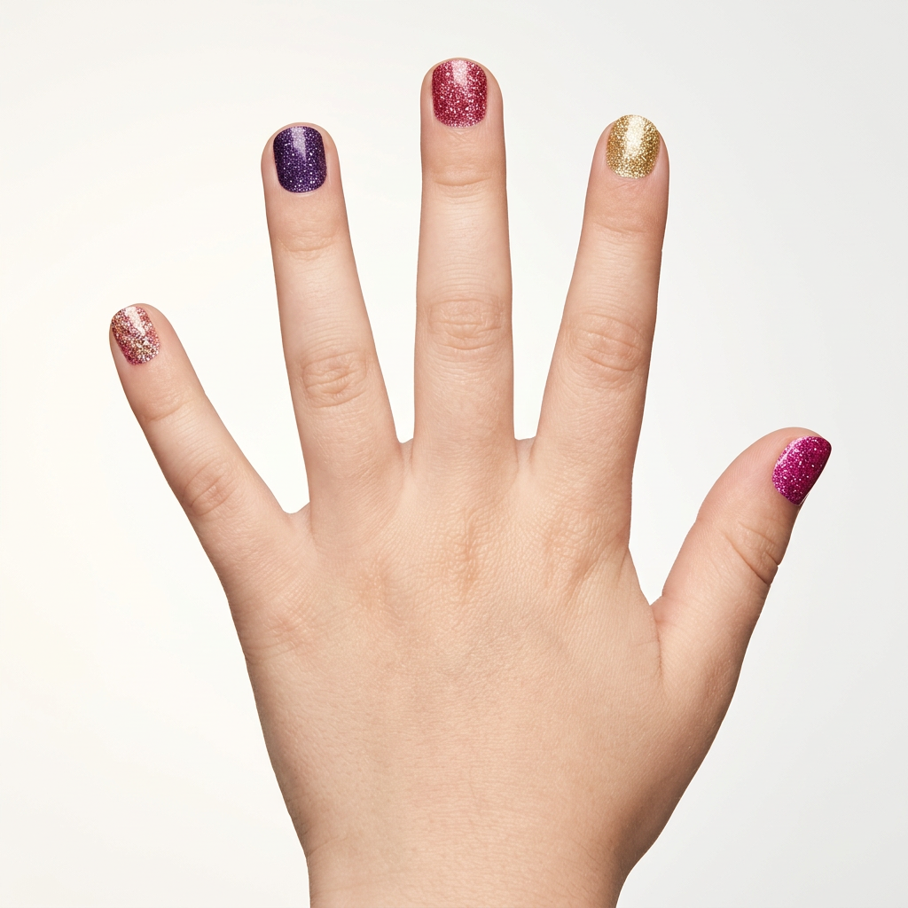 Kindernagelsticker Cosmic Sparkle mit bunten Glitzerfarben auf Fingernägeln