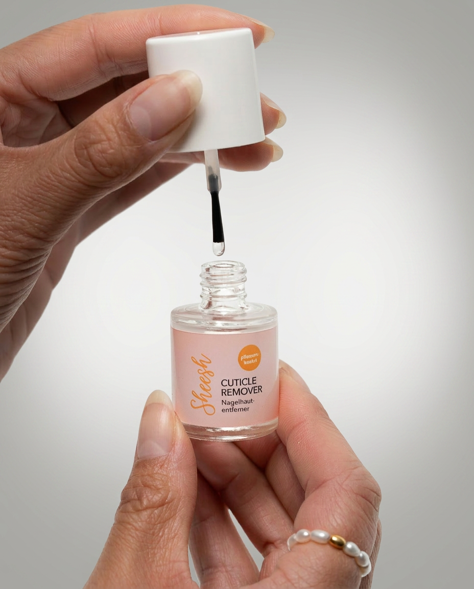 Sheesh Nails Nagelhautentferner mit geöffnetem Pinselapplikator, pflanzenbasiert zur sanften Entfernung überschüssiger Nagelhaut.