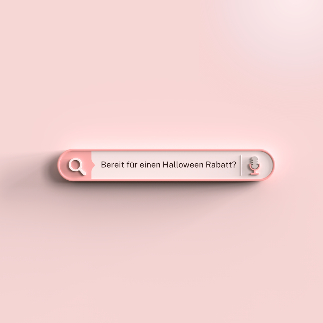 Rosa 3D-Design mit Suchleiste und Text „Bereit für einen Halloween Rabatt?“. Minimalistischer Halloween-Promo-Post von Sheesh Nails im modernen Look, ideal für Social Media oder Website-Banner zur Rabattaktion im Oktober.