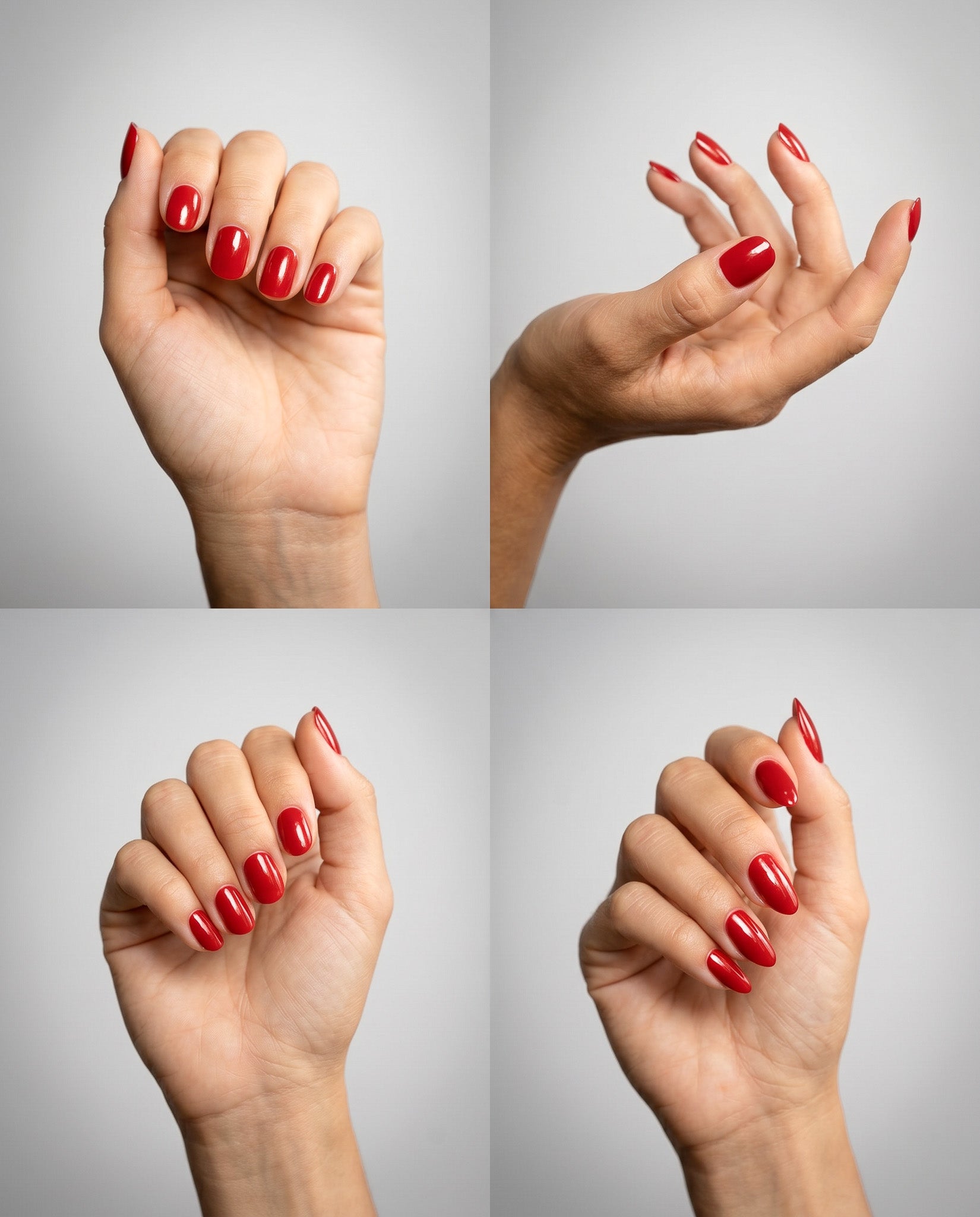 Nahaufnahme einer Hand mit glänzender Red Nude Maniküre 