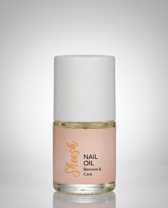 Sheesh Nails Nail Oil „Remove & Care“ – pflegendes Nagelöl in 12-ml-Glasflasche mit weißem Deckel, Produktfoto auf roséfarbenem Hintergrund