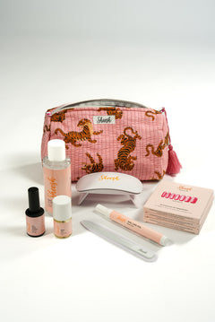 Sheesh Nails Gel Nagelfolien Starter Set mit UV-Lampe, Topcoat, Nail Cleaner, Nagelöl, Feile, Nail Care Pen und pinker Kosmetiktasche im Tiger-Design