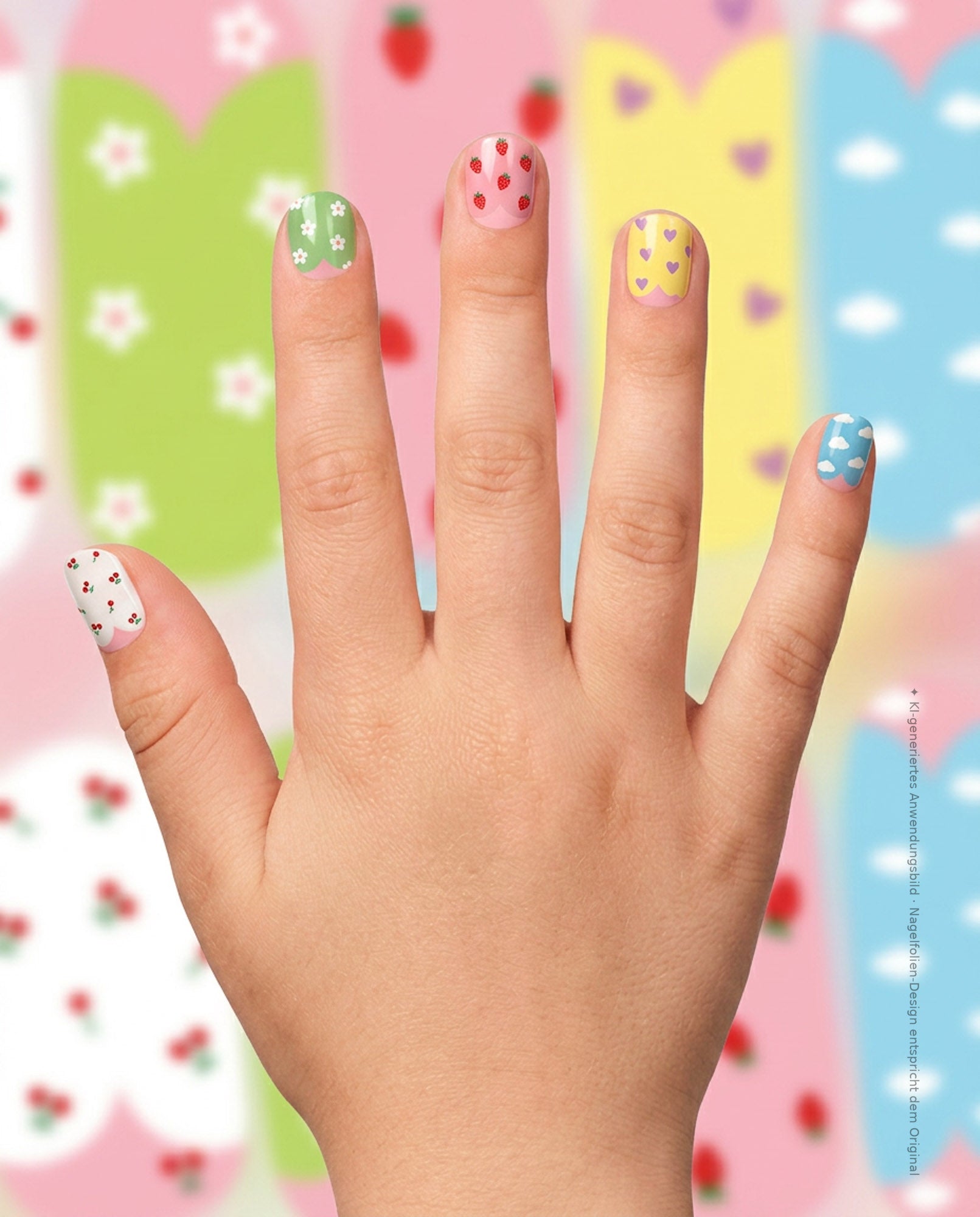 Kinderhand mit bunten SHEESH Nails Taylor Nagelfolien in verschiedenen Motiven vor weich verschwommenem Designhintergrund