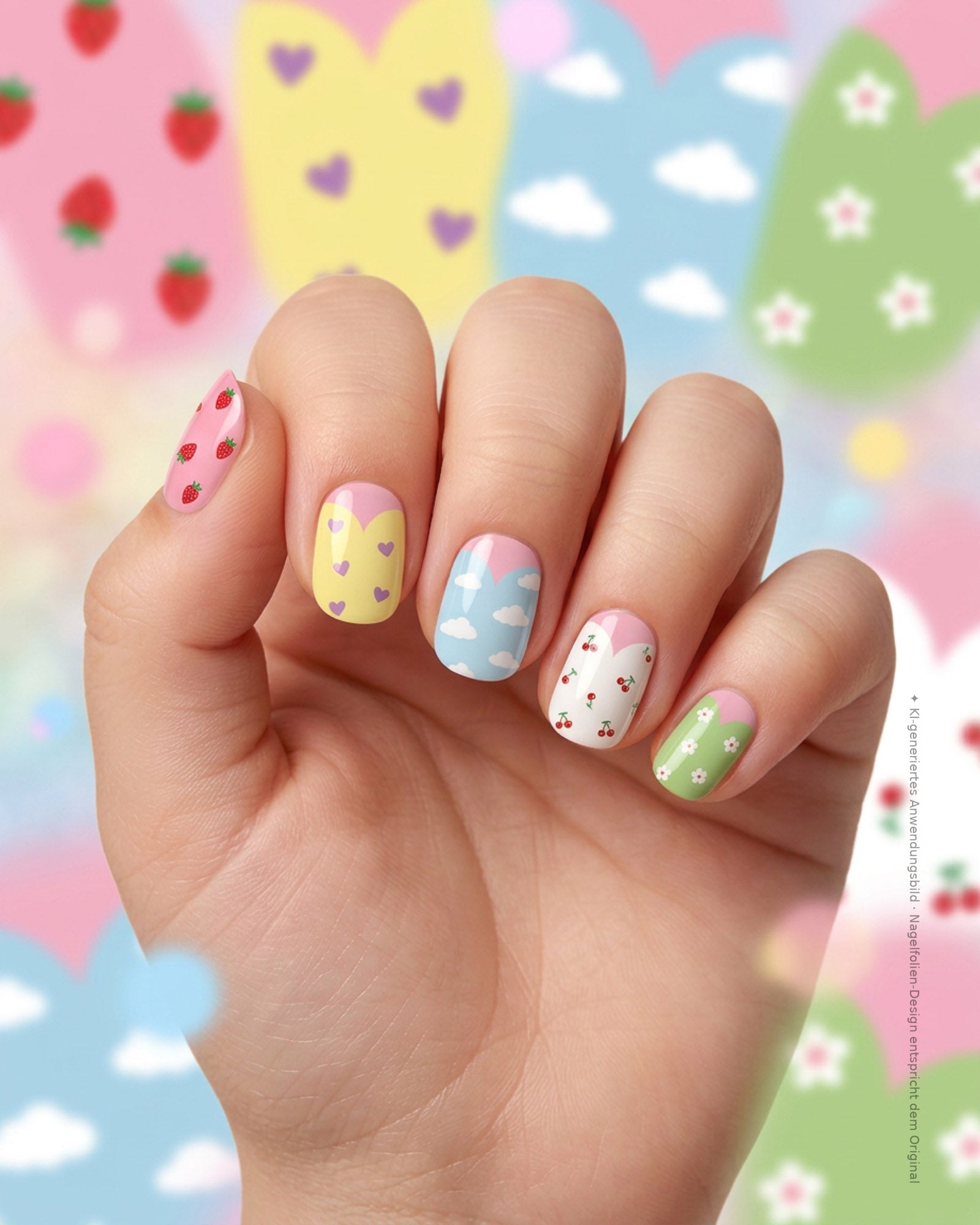 Kinderhand mit SHEESH Nails Kinder-Nagelfolie Taylor mit Erdbeer-, Herz-, Wolken-, Kirsch- und Blumenmotiven vor farbigem Musterhintergrund