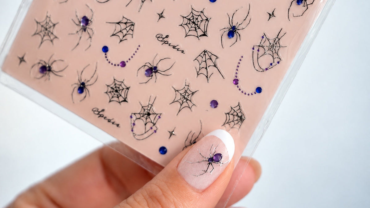 Nail Sticker Halloween Bogen mit silbernen Spinnen, Spinnennetzen, Sternen und violetten Akzenten auf rosafarbenem Träger.