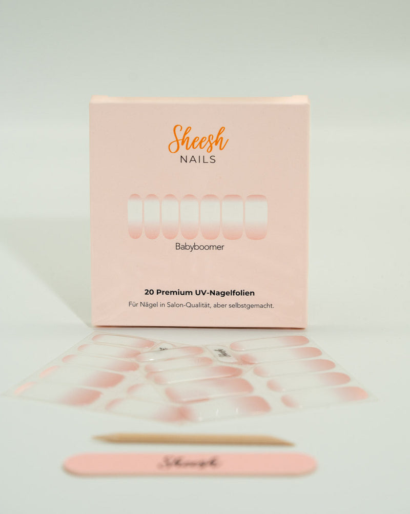 SHEESH Nails – Babyboomer – UV-Nagelfolien mit sanftem Farbverlauf, Bild 03: Sheesh UV-Nagelfolien Babyboomer – Produktfoto der Verpackung mit Folienbogen….