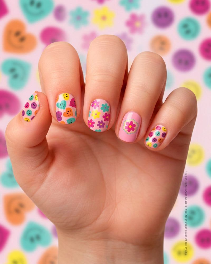 SHEESH Nails – Big Smile, Bild 04: Kinderhand mit Big Smile Nagelfolien in bunten Smiley-, Blumen- und Herzdesigns vor weich verschwommenem Hintergrund.