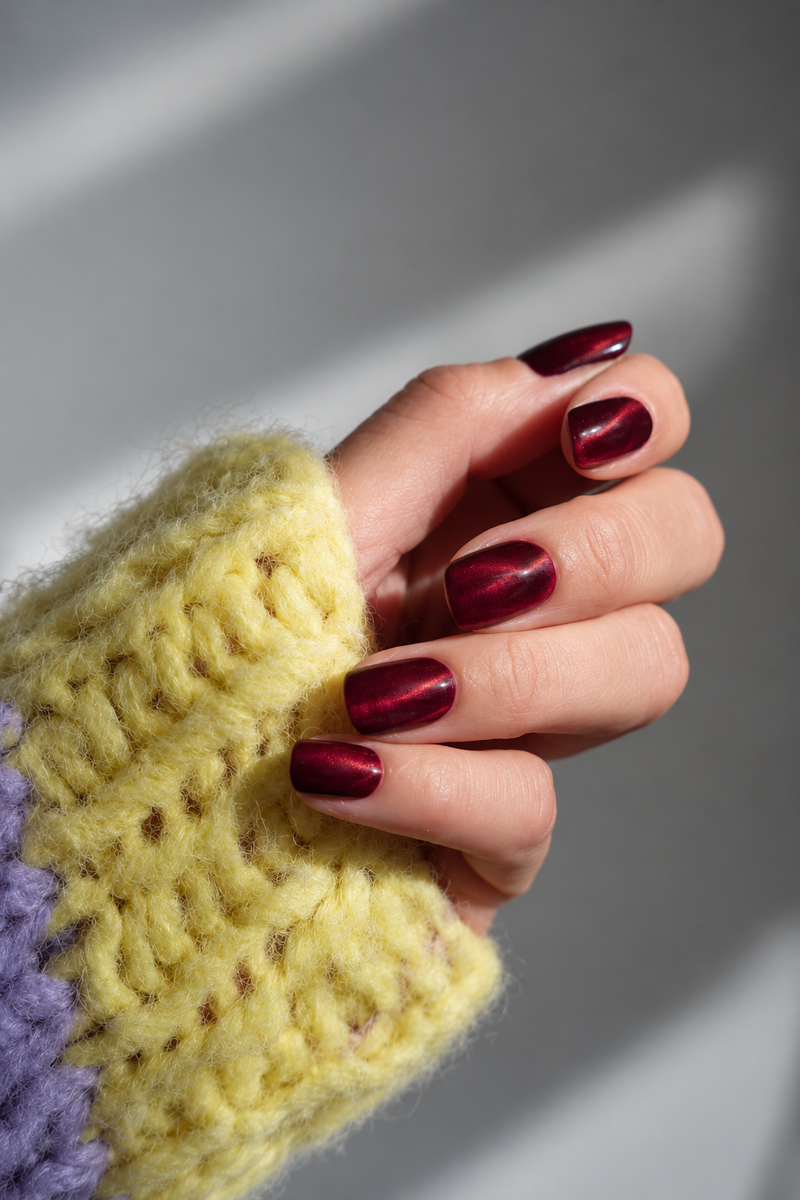 SHEESH Nails – Getragene Cat Eye UV-Nagelfolien in Bordeauxrot mit leuchtendem Schimmer zum gelben Strickpullover.