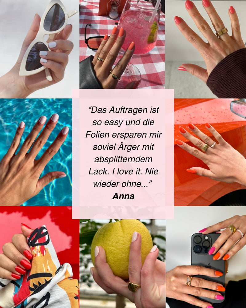 SHEESH Nails – Lobster Roll – UV-Nagelfolien in cremigem Lachs-Orange, Bild 08: Bildcollage mit Produktansichten.