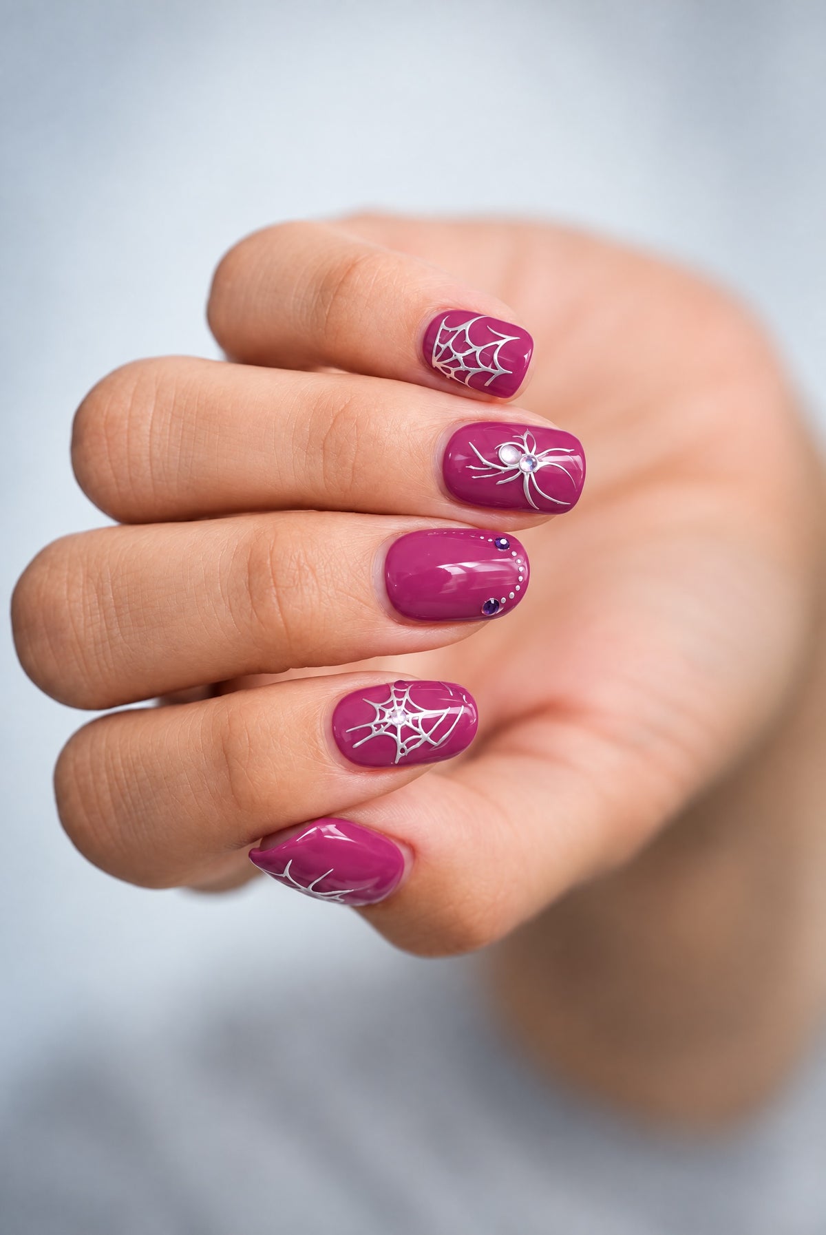 SHEESH Nails – Nail Sticker Halloween, Bild 03: Nahaufnahme einer Halloween-Maniküre mit silbernen Spinnen- und Spinnennetzstickern auf beerfarbenen Nägeln.