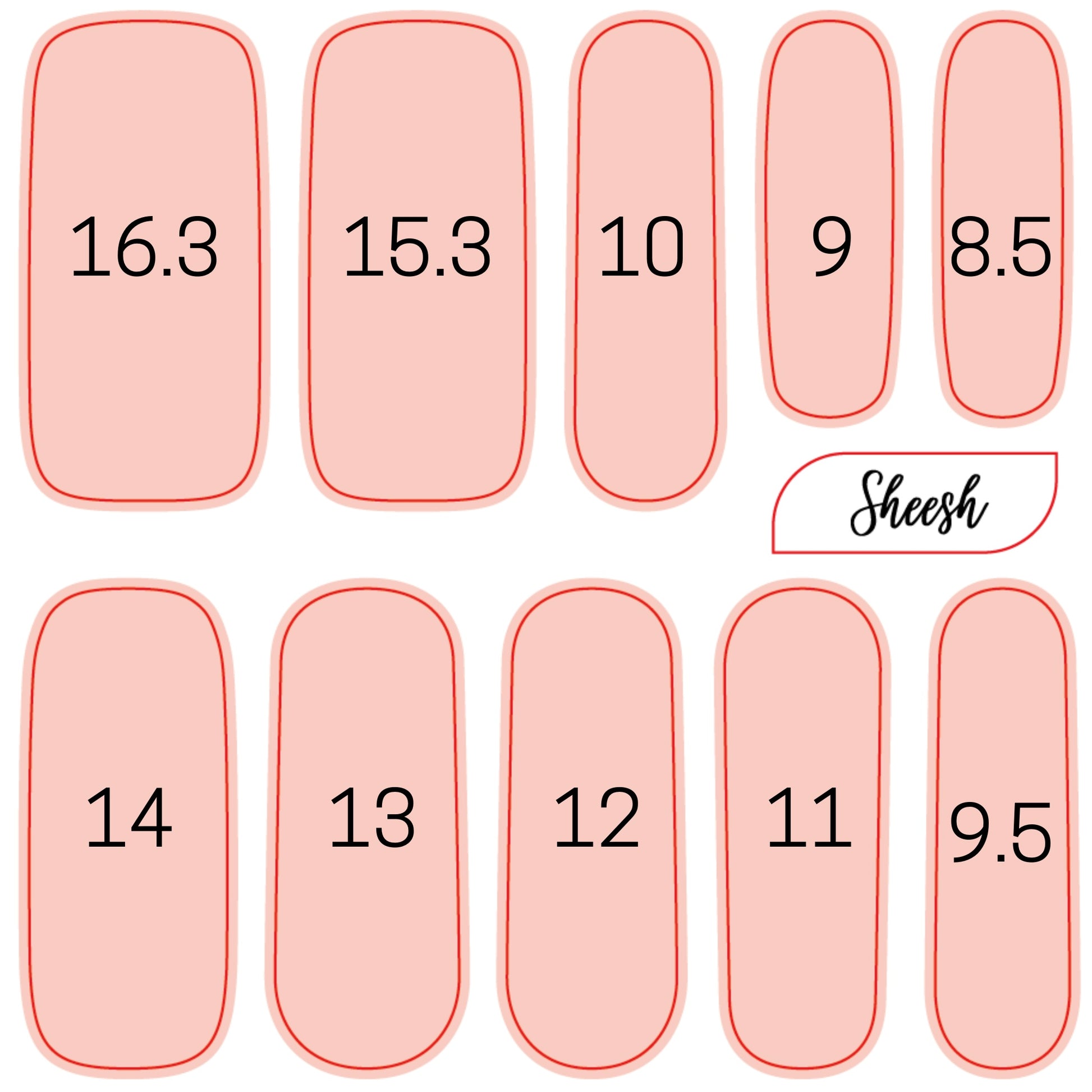 Größenvorlage für Sheesh Nails UV-Nagelfolien. Die Schablone zeigt nummerierte Nagelfolien in verschiedenen Breiten, um die passende Größe für jeden Nagel zu bestimmen. Ideal zur Vorbereitung vor dem Aufkleben der Folien – für eine präzise Anpassung und ein perfektes Ergebnis.