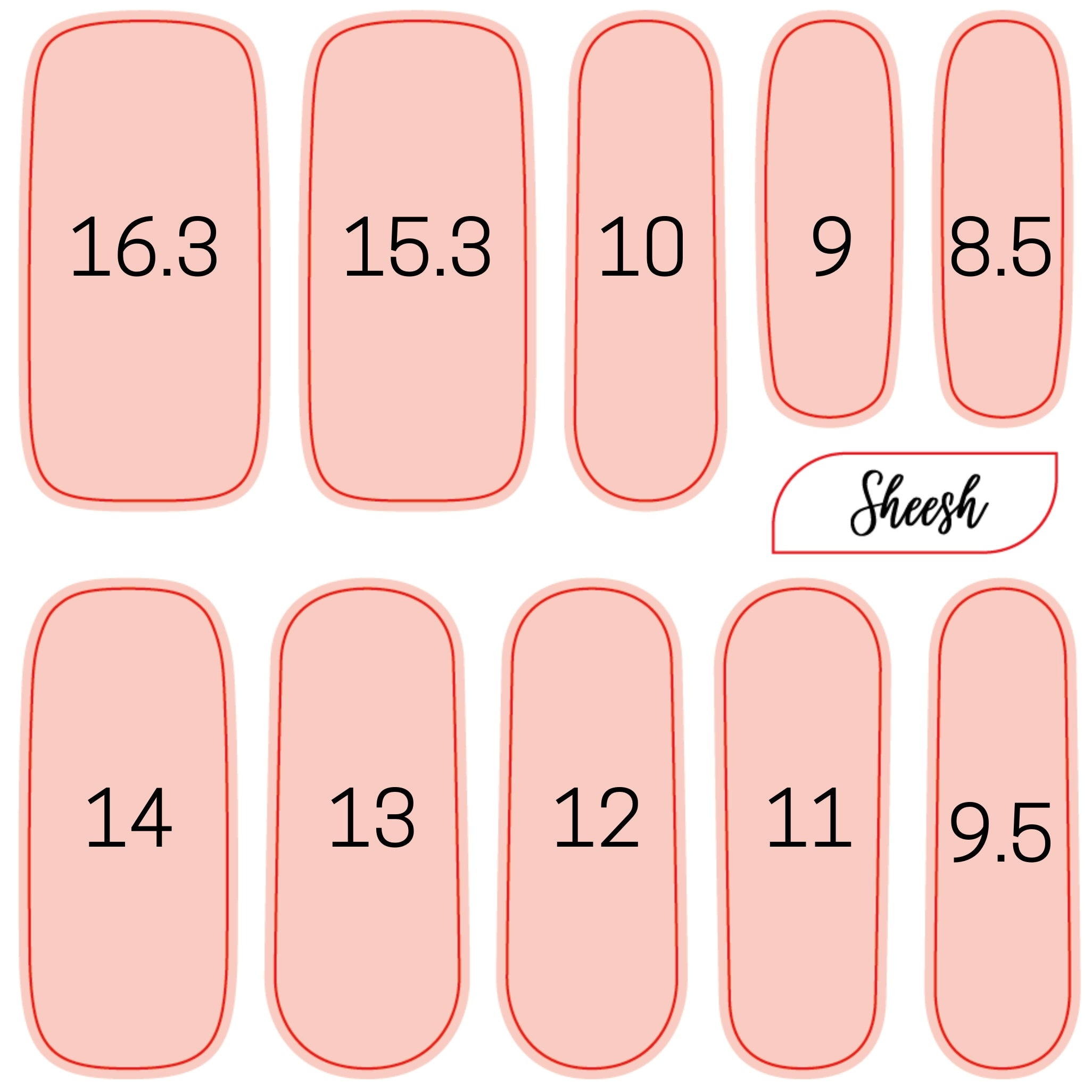 Größenvorlage für Sheesh Nails UV-Nagelfolien. Die Schablone zeigt nummerierte Nagelfolien in verschiedenen Breiten, um die passende Größe für jeden Nagel zu bestimmen. Ideal zur Vorbereitung vor dem Aufkleben der Folien – für eine präzise Anpassung und ein perfektes Ergebnis.
