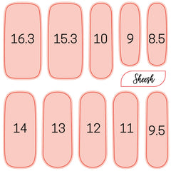 Größenvorlage für Sheesh Nails UV-Nagelfolien. Die Schablone zeigt nummerierte Nagelfolien in verschiedenen Breiten, um die passende Größe für jeden Nagel zu bestimmen. Ideal zur Vorbereitung vor dem Aufkleben der Folien – für eine präzise Anpassung und ein perfektes Ergebnis.