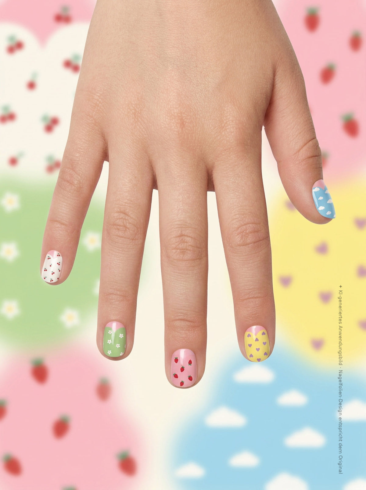 SHEESH Nails – Taylor, Bild 03: Kinderhand mit Kinder-Nagelfolie Taylor und farbenfrohen Erdbeer-, Blumen-, Herz-, Wolken- und Kirschmotiven.